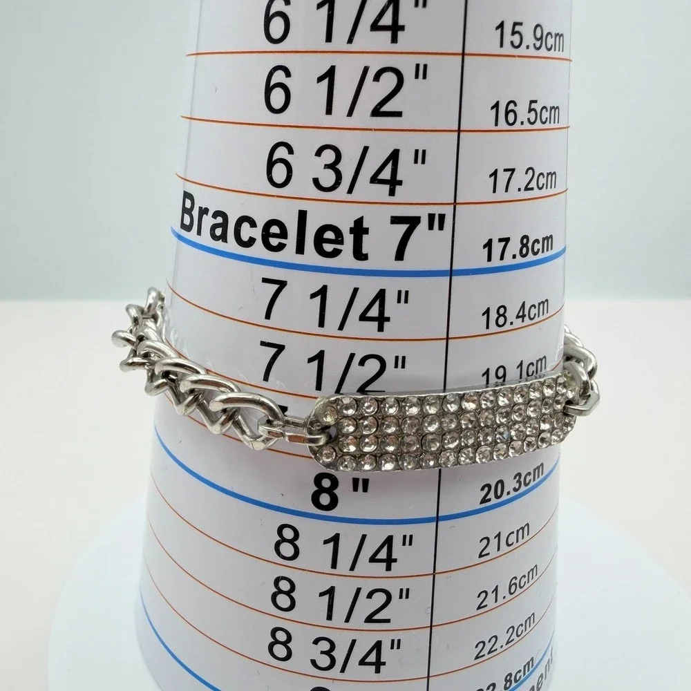 Vintage 90s Silver Tone ID Bar Bracelet Embellishments Adjustable Chain Jewelry